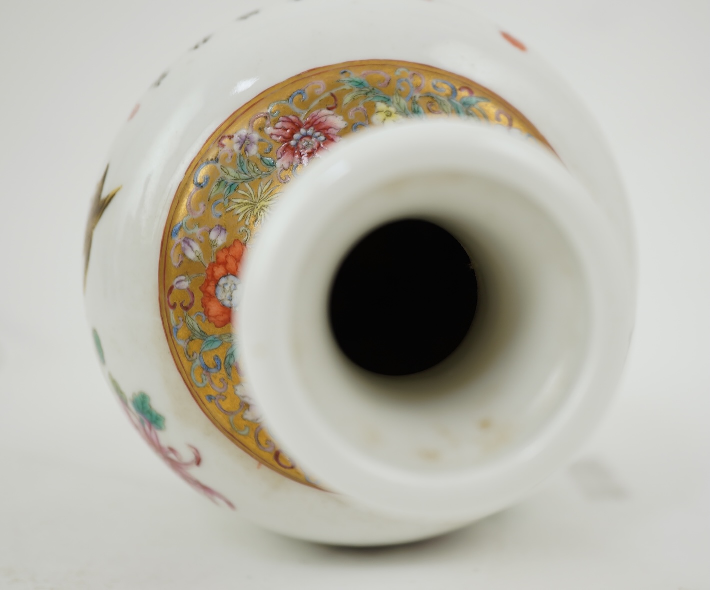 A Chinese inscribed famille rose ‘quail and chrysanthemum’ bottle vase, Hongxian four character mark but Republic period